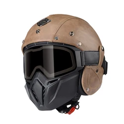 DOT Approved Retro ABS Open Face Motorcycle Helmets With Goggle Mask Leather Design 3/4 Half Helmet Men Women For Vesp Scooter