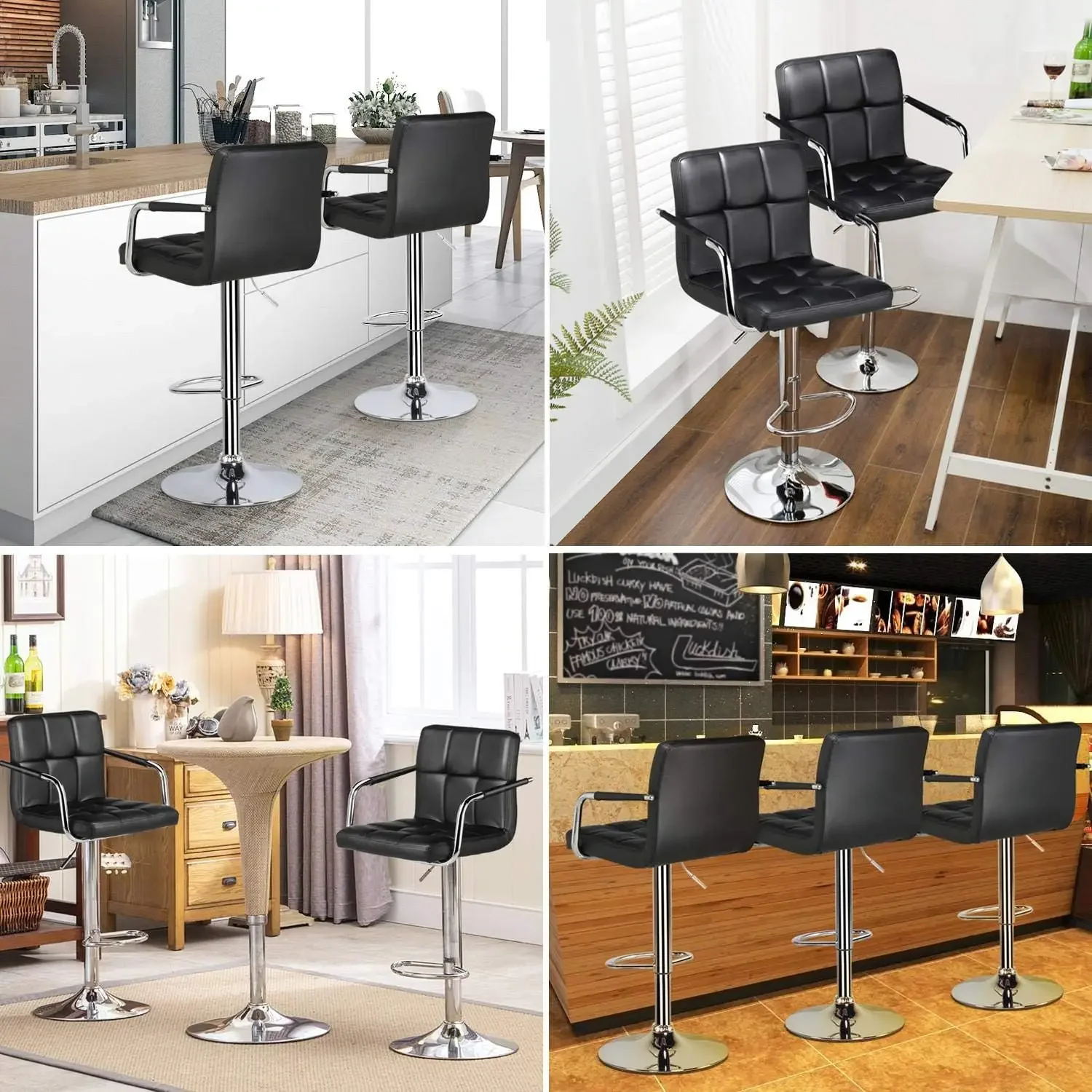 Barstools Swivel Leather Stool Adjustable Bar Chair Kitchen Chairs with Backrest and Footrest, Set of 2