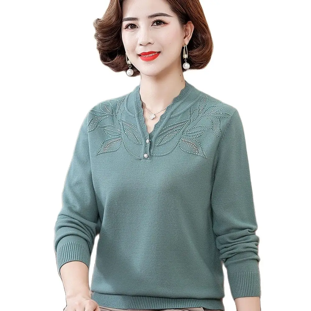 Mother Wear Autumn Knitwear Fashion New Middle-aged Mother Sweater High Quality Elegant Slim Knit Jumper V-neck Female Pullovers