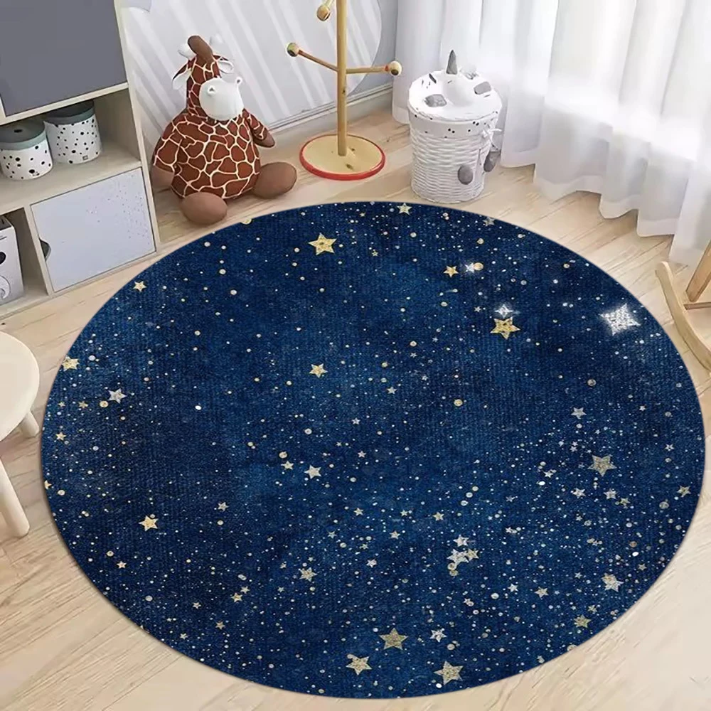 Dark Blue Round Carpet with Golden Stars Pattern for Kids Room Nursery Decor Soft Fluffy Cozy Floor Mat Non-Slip Rug Gift image 3