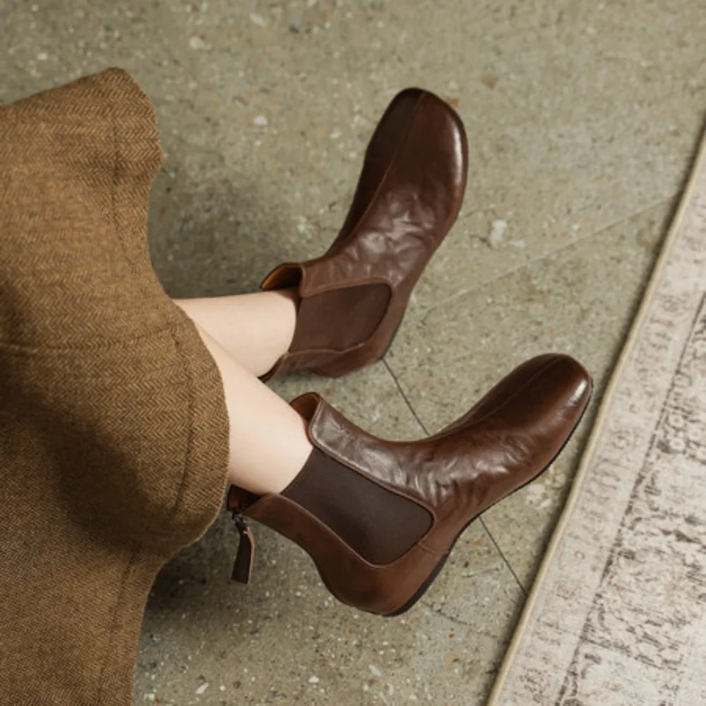 Women Ankle Boots Retro 2026 New Genuine Leather Short Boots Women Flats Winter Fashion Women Chelsea Boots Casual Shoes Booties