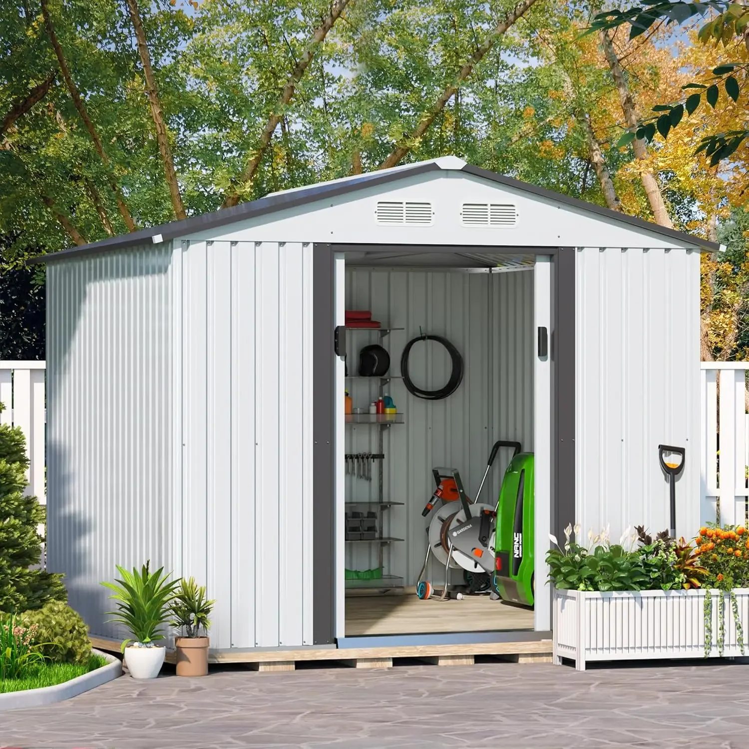 

Galvanized Metal Storage Shed for Garden Patio Backyard Lawn Outdoor Garden Shed with 2 Sliding Lockable Doors (White, 8'x8')