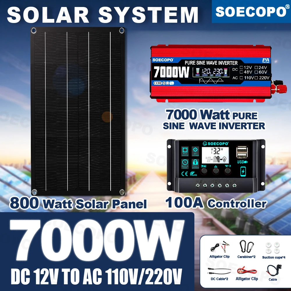 

7000W Peak Solar System Kit Pure Sine Wave Inverter 12V To 110V 220V 800W Photovoltaic Panel 100A Controller for Camping Home