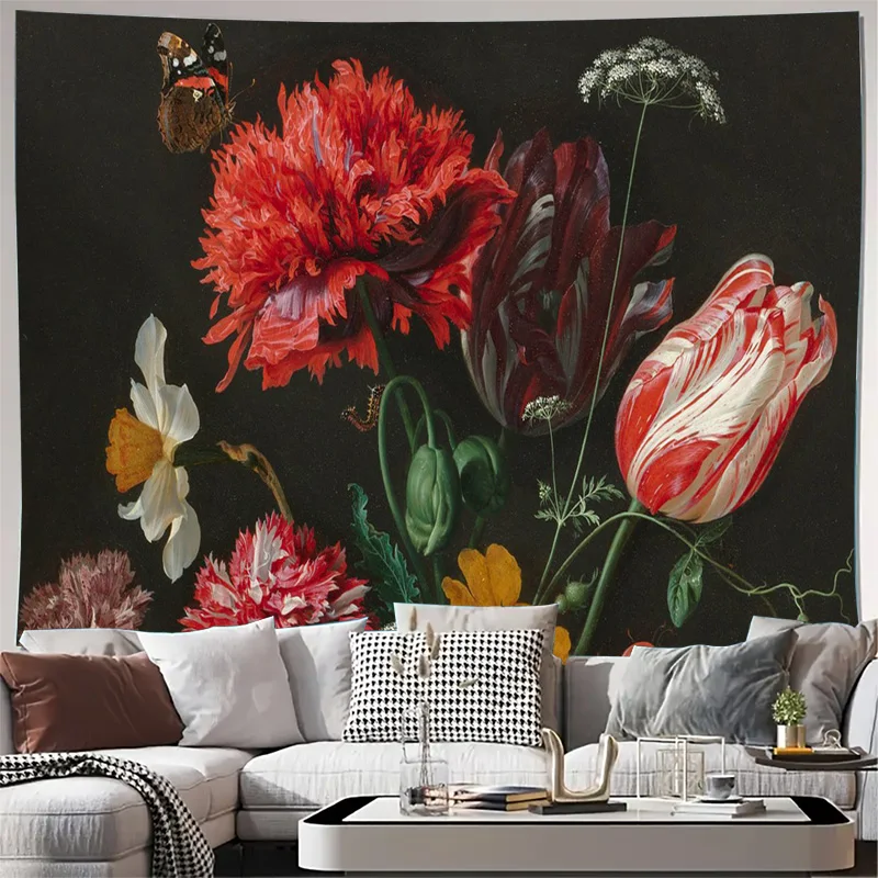 Impresionante Tapiz Floral Oscuro Grande, Arte en Lienzo, Estilo Boho, Ramo de Peonías Botánicas, Decoración de Pared de Estilo Gótico, Impresiones Decorativas para el Hogar