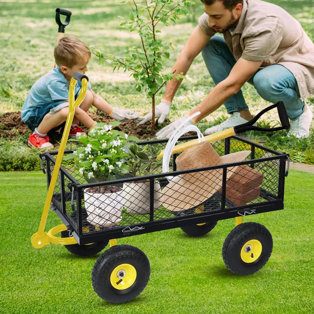 880lbs Capacity Garden Cart, Heavy Duty Mesh Metal Utility Wagon with Flat-Free Tires,Removable Sides, Flexible Handle Yard Cart