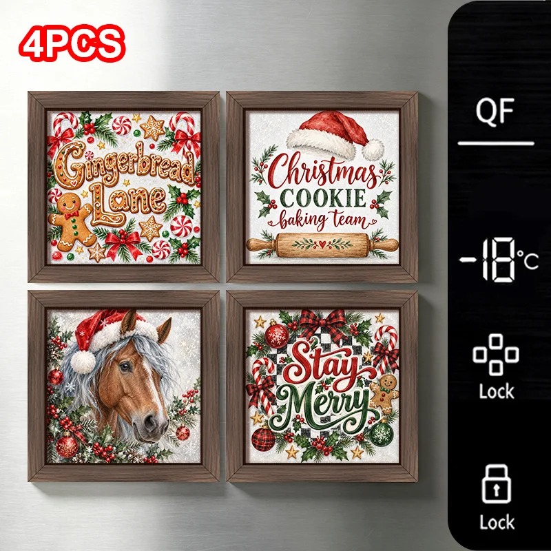 4Pcs Farmhouse Christmas Wooden Fridge Magnet Set, Festive Xmas Refrigerator Magnet, Gingerbread Lane, Cookie Baking Team