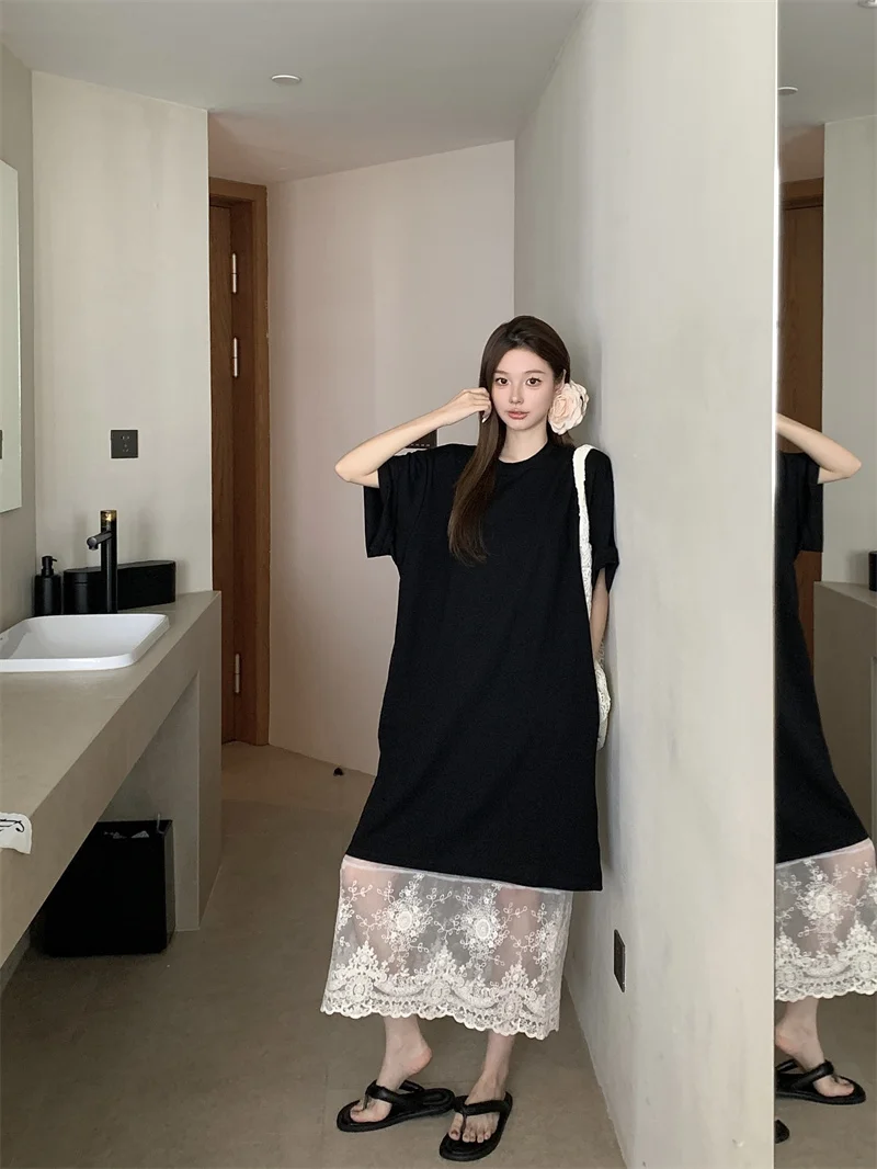 

Lace Overlap Heavy Embroidery Loose Midi Skirt Women's Spring Short Sleeve T-Shirt Two-Piece Set Fashionable Casual Outfit