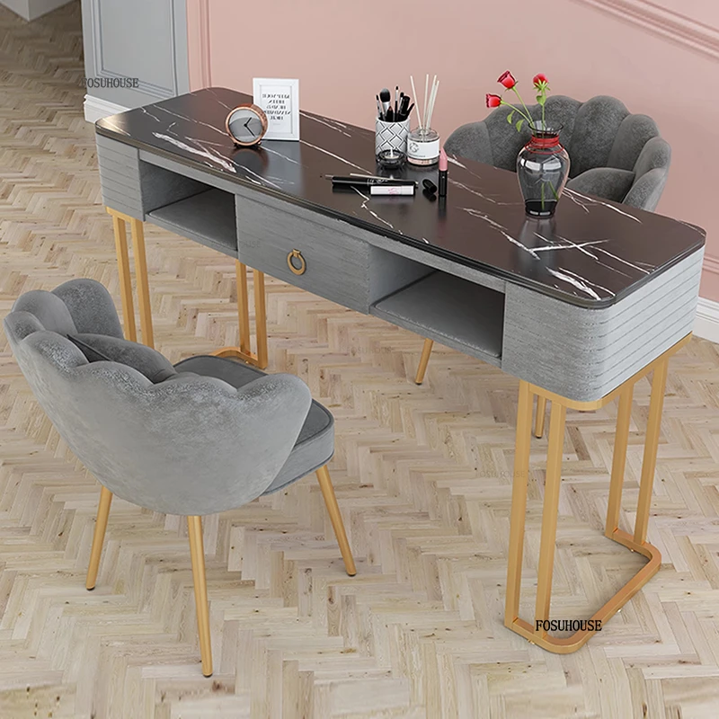 European Marbling Nail Tables Modern Salon Furniture Economical Double Manicure Table Chair Set Beauty Salon Professional Table