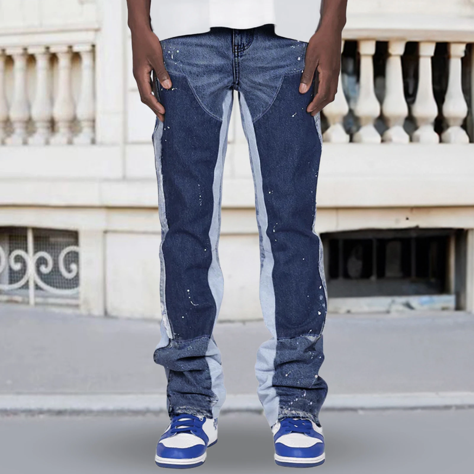 Men\'s Flared skinny grey jeans, Patchwork and simple design, suitable for daily wear in all seasons