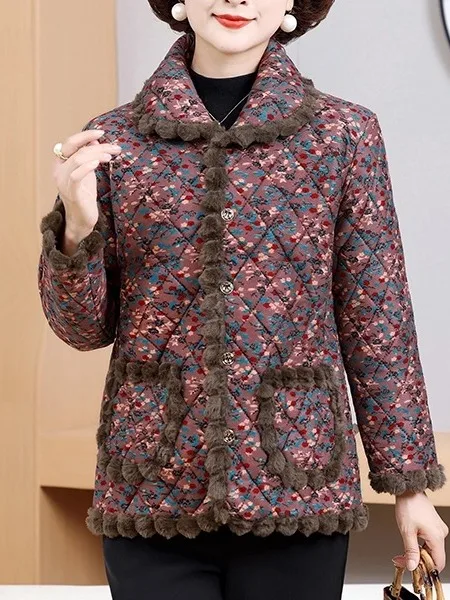 

Floral Print Collar Thiened Fce Women's Cotton Jaet Warm Winter Outerwear for Middle-Aged And ly Ladies