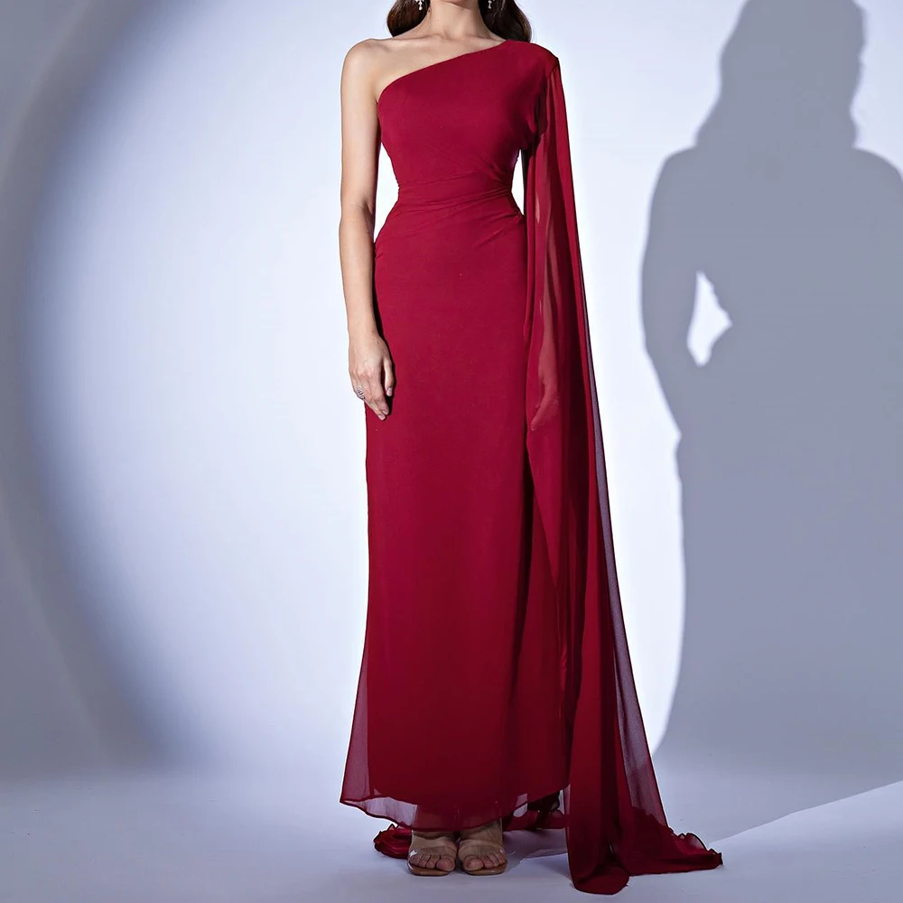 Customized Delicate Chiffon Straight One Shoulder Evening Dress Floor Length Sleeveless Watteau Train Bespoke Occasion Gowns