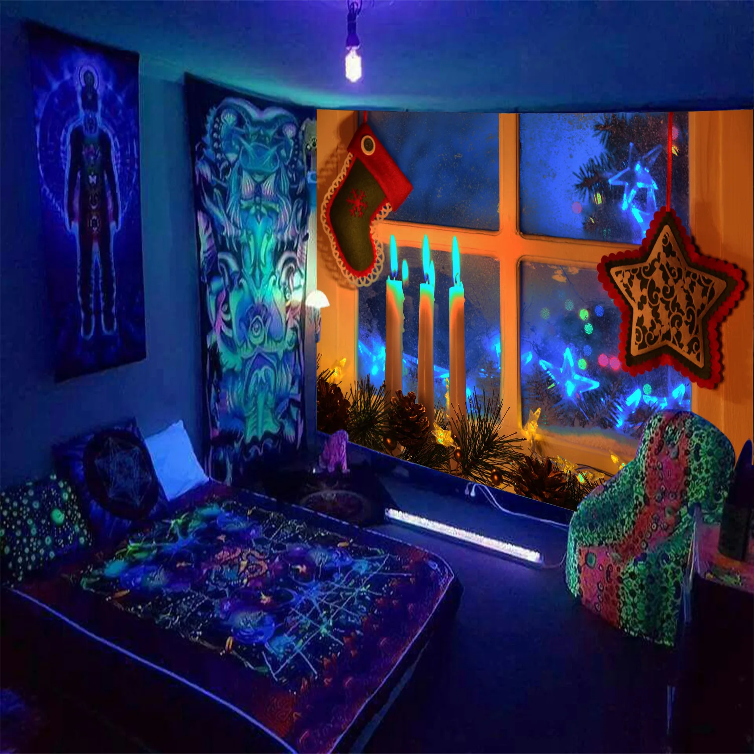 Fluorescent Christmas Tapestry Aesthetic Luminous Neon Tapestry Bedroom Wall Decor Fluorescence Tapestries Bright Under UV Light