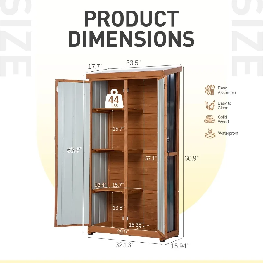 Tall Outdoor Storage Cabinet for Patio Garden Garage: Wood Frame Metal Panels Gray Padlock-Ready Double Doors Sloped Roof 3 Rem