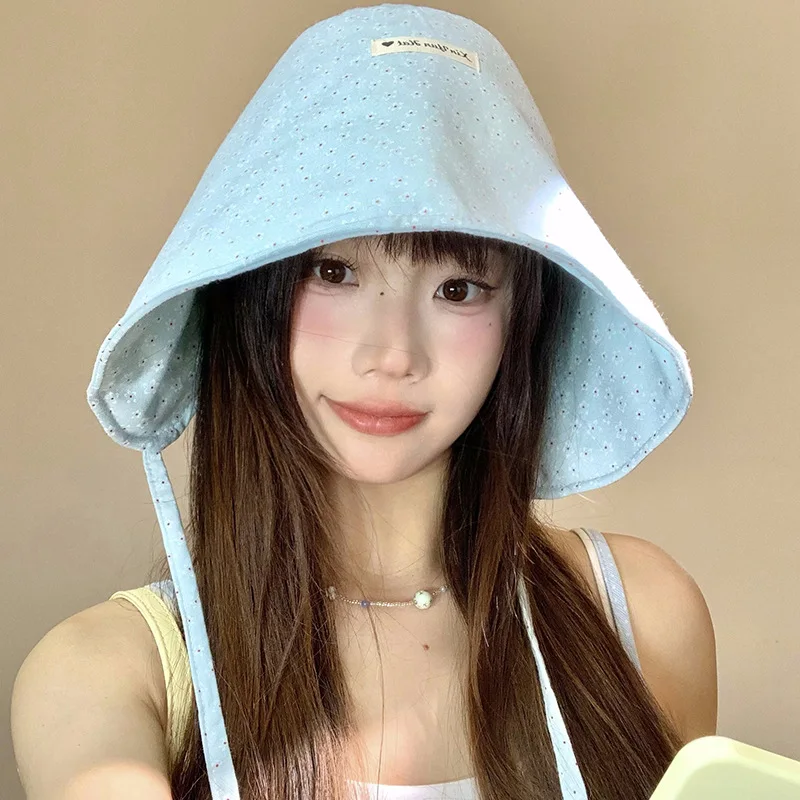 Korean Version of Sweet Little Floral Blue Bucket Hat Summer Outdoor Versatile Anti-ultraviolet Sunshade Strap Sun Cap for Women