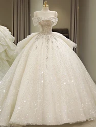 2024 Shiny Wedding Dresses Off Shoulder Court Train Ball Gown Classic Party Dresses Plus Size Wedding Gown Cusotmized
