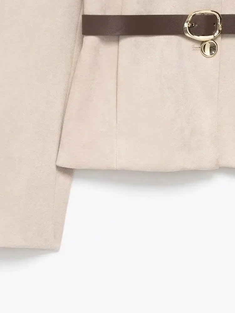 HH امرأة وهمية جيب حزام واحدة الصدر تزيين الشارع جاكيتات الخريف المرأة موضة س الرقبة طويلة الأكمام معطف قصير 3 ألوان