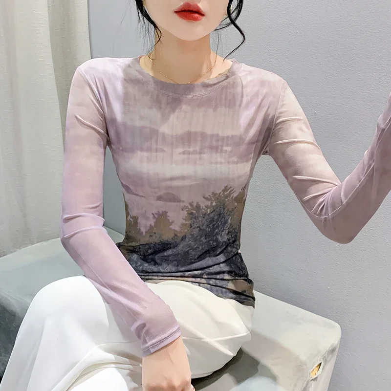 2024 Autumn/Winter New Women's Fashion Round Neck Long Sleeve Printed Mesh Top Women's Clothing  Korean  Ropa De Mujer Tees