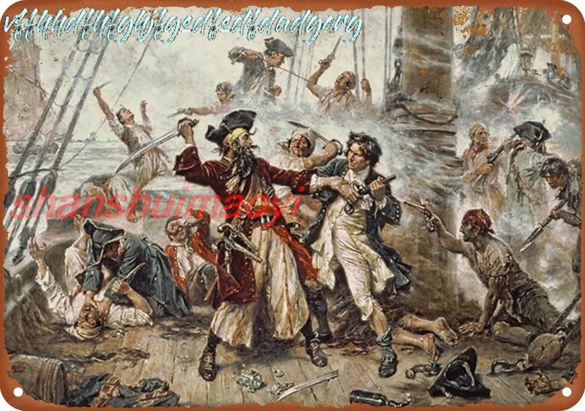 The Capture Of The Pirate Blackbeard, 1718 Retro Poster Metal Tin Sign Aluminum Sign Living Room Bar Artificial Cave Home D sign