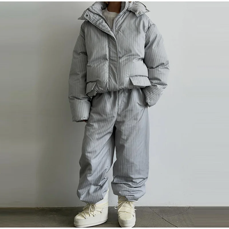 Elegant Printed Cotton Jacket Trouser Women's Set Hooded Thicken Zipper Coat Straight Pants Loose Lady 2026 Winter Autumn Suit