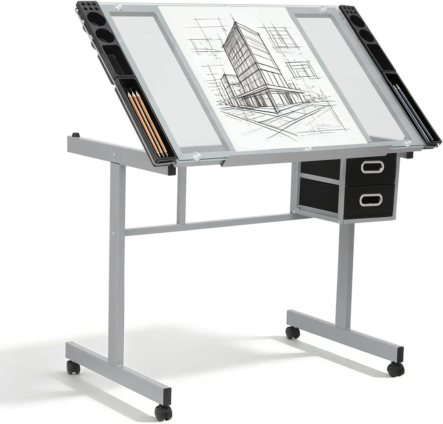 Adjustable Drafting Table with 0°-65° Tilting Tempered Glass Top, 4-Compartment Trays + 2 Fabric Drawers, 360° Casters & Locks