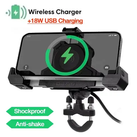 오토바이 충격 방지 핸들 바 장착 랙 전화 홀더 15W 무선 충전기 및 18W USB 충전 자전거 오토바이 미러 스탠드