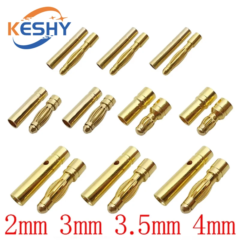 1Pair 2mm 3mm 3.5mm 4mm Bullet Banana Plug Gold-Plated Banana Male Female Connector Battery Plugs Kits for RC Battery Parts DIY