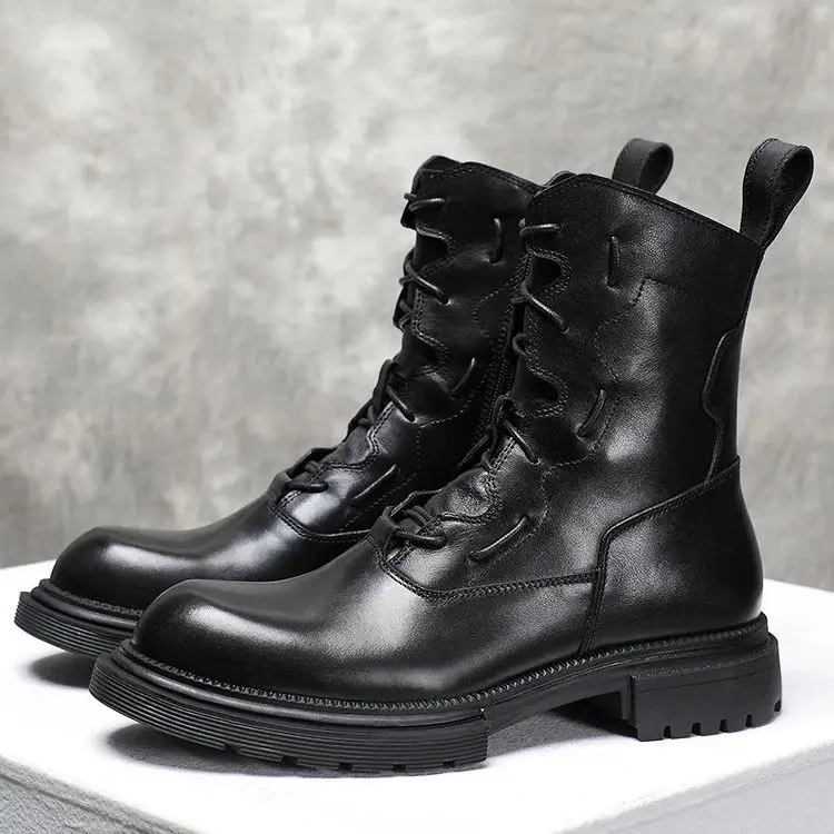 

New High-end Leather High-top Locomotive British Lace-up Men's Fashion Versatile Casual Inner Height-increasing Chelsea Boots