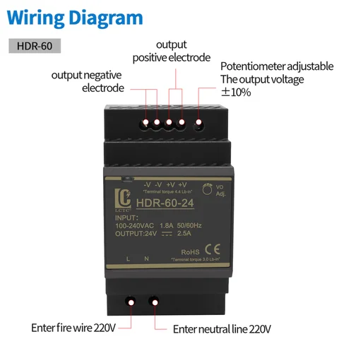 Switching Power Supply 5V/12V/24V/48V DIN Rail Power Supply AC to DC HDR-15/30/60/100/150W LED DC Switching Power Supply