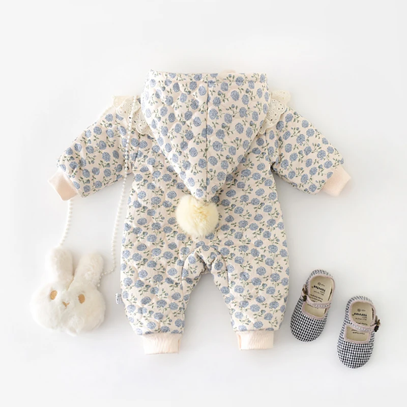 Baby Winter Jumpsuit 0-2 Years old Infant Girls Clothing Sweet Lace Floral of Print Romper Toddler Thick Warm Outerwear
