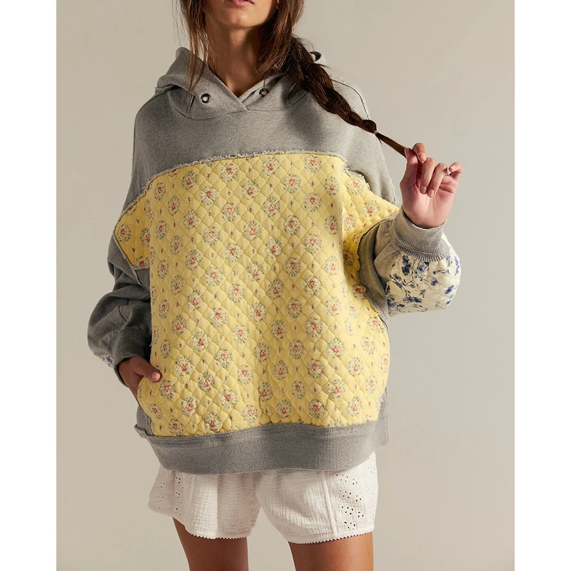 

Women's long sleeved printed quilted sportswear street wear loose top oversized trendy Y2k hooded pullover