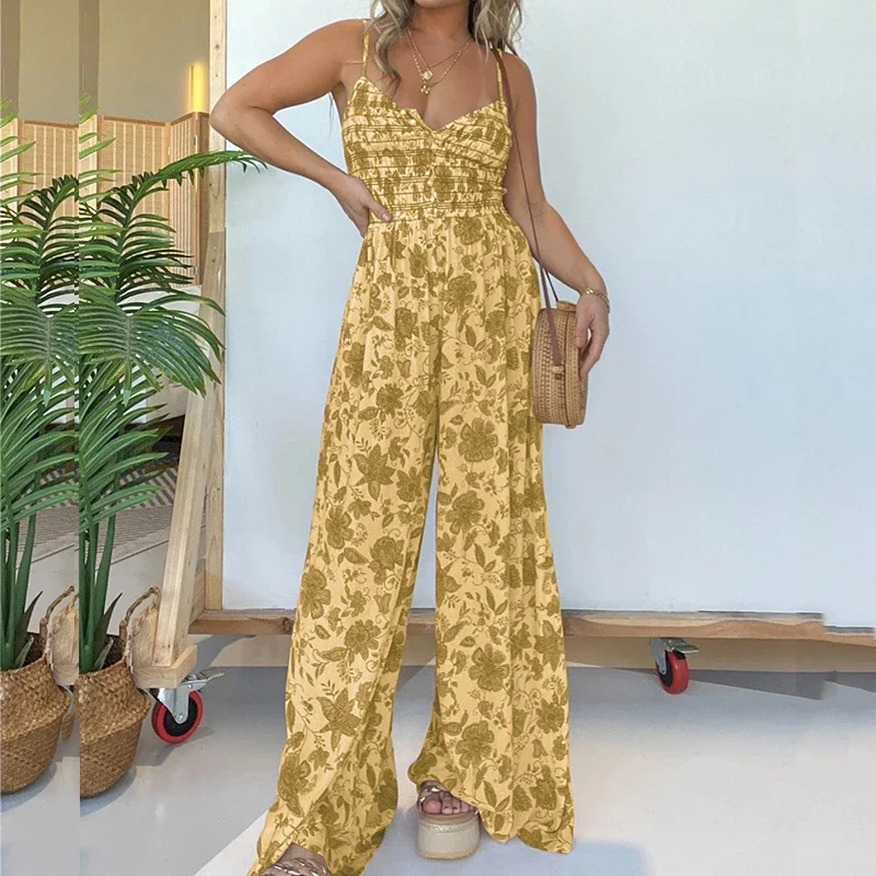 

Sexy Deep V-neck Sleeveless Long Jumpsuit Women Elegant Hight Waist Pleat Playsuit Overalls Casual Wide Leg Print Sling Rompers