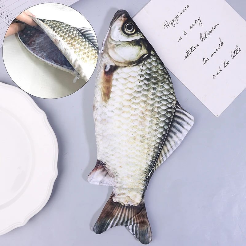 Bolsa de caneta de carpa cruciana, bolsa de maquiagem em formato de peixe realista, estojo de lápis com zíper, bolsa de lápis de volta às aulas