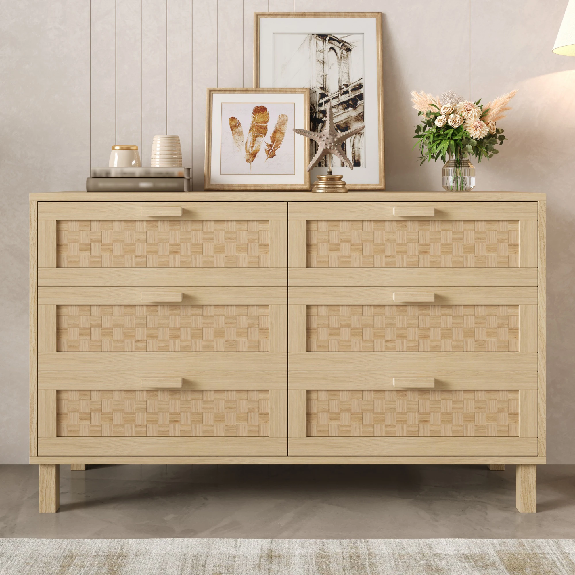Buffet et commode élégants en bois naturel avec six tiroirs, armoire de chambre à coucher avec beaucoup d'espace de rangement