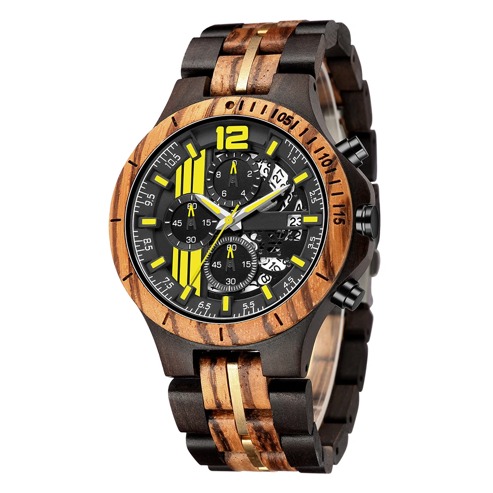 Luxury Wood Watch Men's Quartz Wristwatch Military Chronograph Watch Solid Wood Multifunctional Watch Clcok relogio masculino
