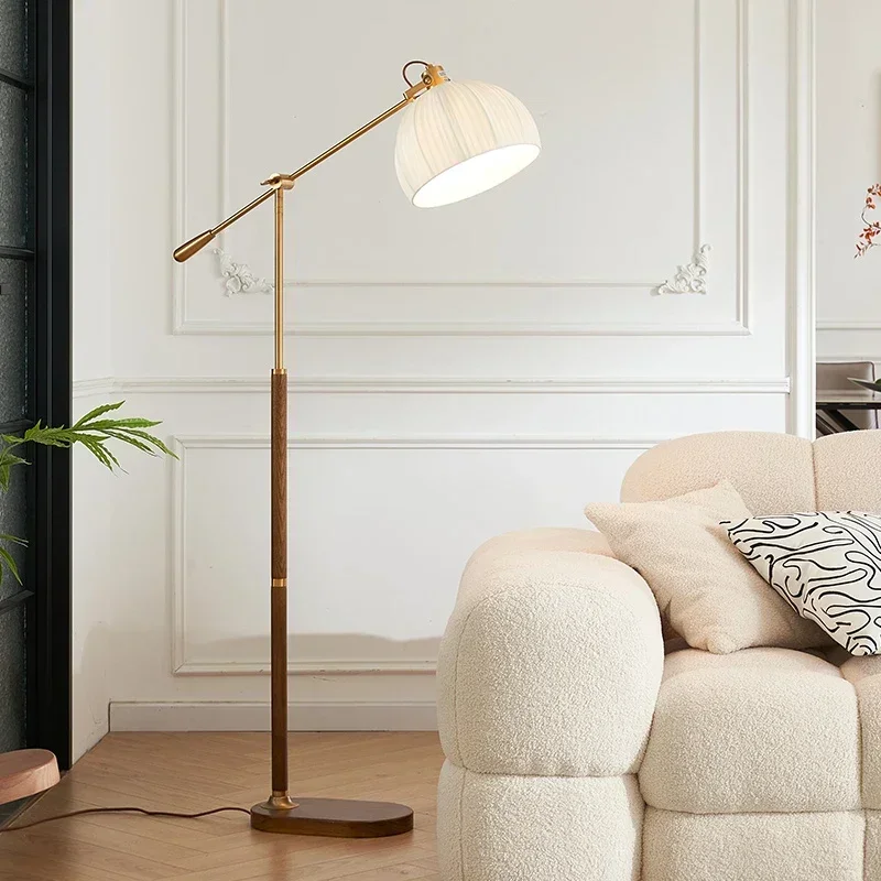 Retro Cream Pleated Fabric Lampshade Wooden Base Room Corner Decorative Adjustable Arm Metal Floor Standing Lamp
