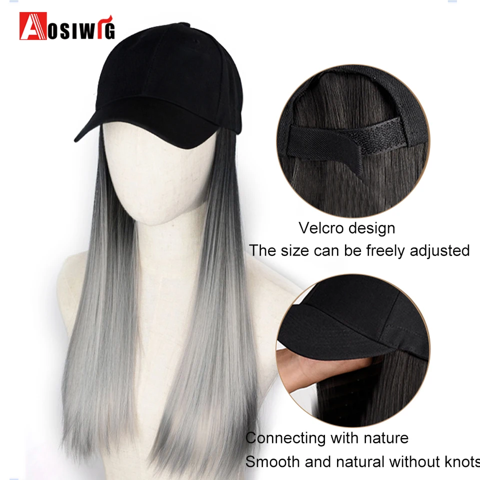 Synthetic18inch Black Baseball Hat  Long Straight Black Gradient White Tea Gray Fashion Hair Wig Heat Resistant Natural For Dail