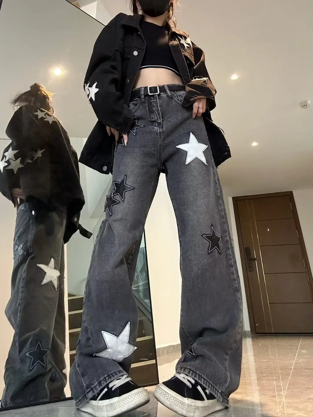IMU Star Print High Waist Jeans American Retro High Street Straight-leg Pants Patchwork Long Trousers Y2k Fashion Streetwear Bag