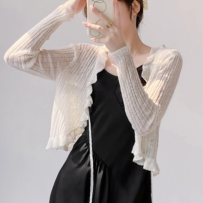フリルトリムネクタイフロント長袖クロップトップ女性リブニットカーディガンセーターすくめトップ夏の十代の少女フェアリーコア衣装