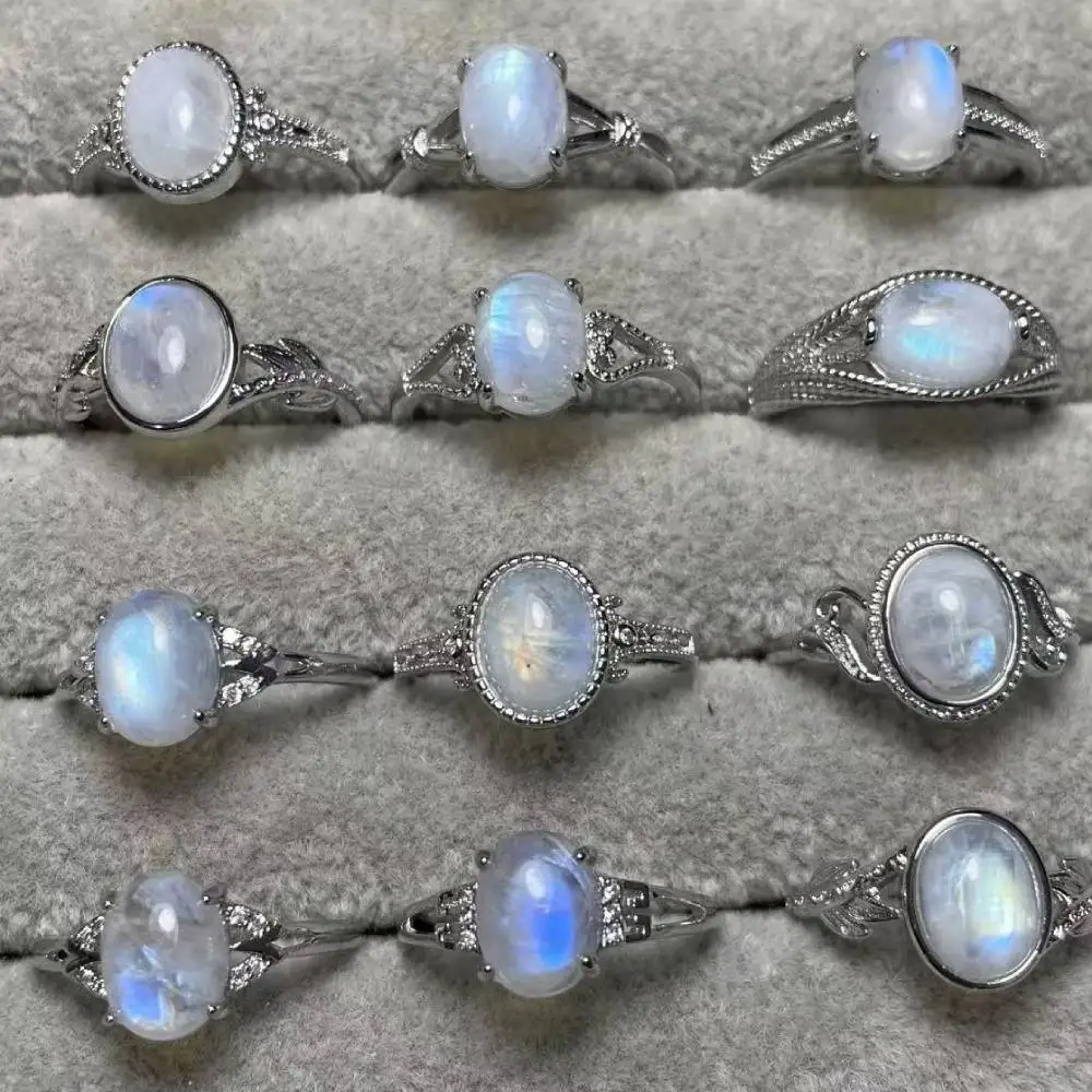 

4rings/set approx7*9mm AKAC natural India moonstone white copper adjustable ring wholesale