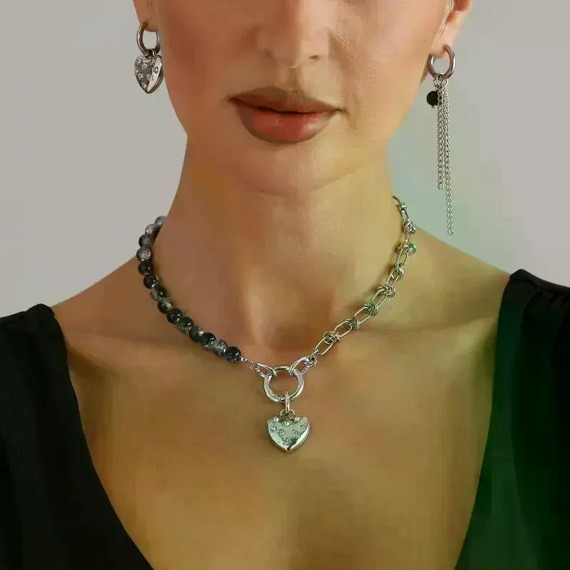 Fashion Thorn Heart Necklace Beaded Bracelet Charm Splicing Clavicle Chain Asymmetric Earrings Jewelry Accessories Gifts