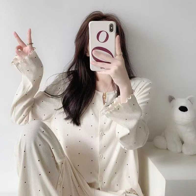 Retro All-Over Print Spring, Summer, And Autumn Pajamas for Women, Long-Sleeve Ice Silk Ribbed Cardigan, Loose Homewear Set