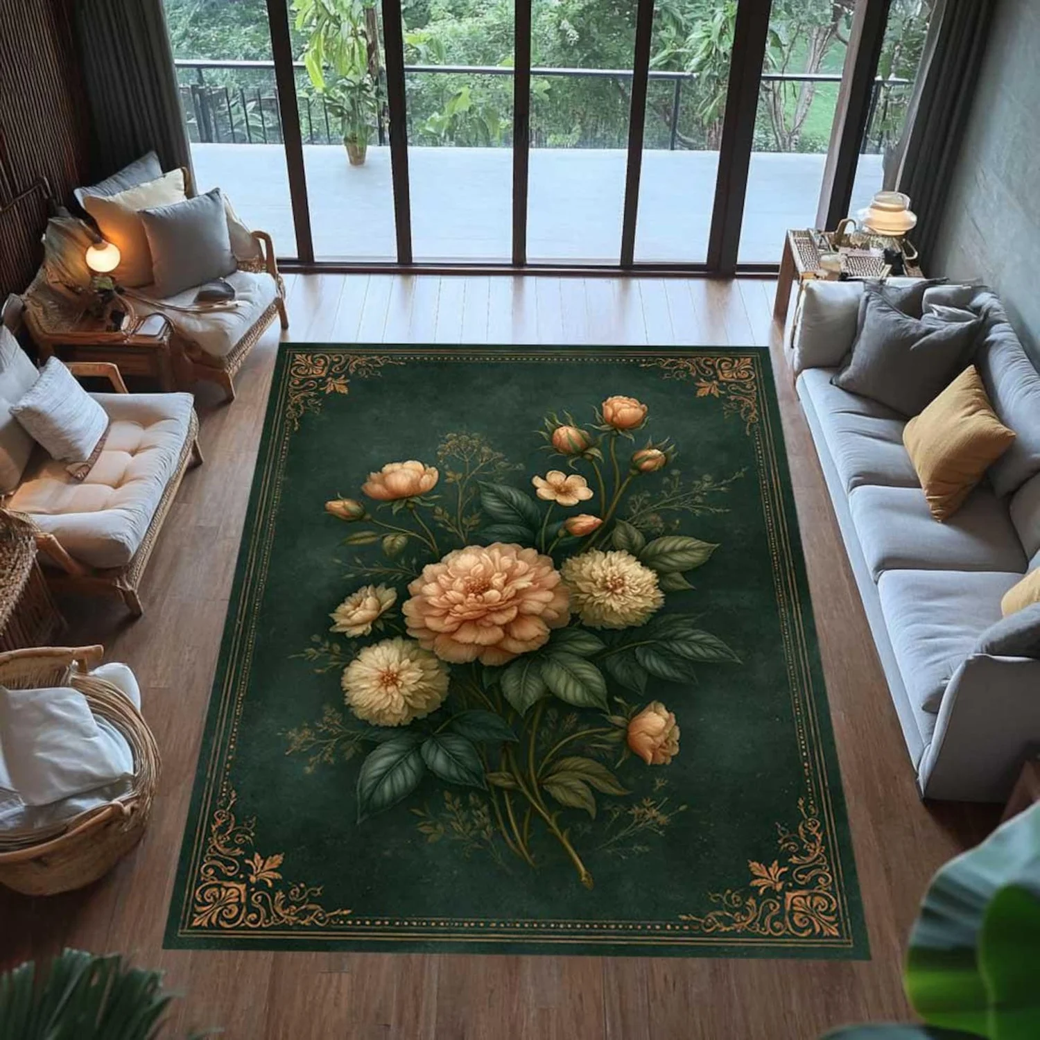 Dark Green Floral Carpet, Peach Plant-Themed Carpet, Vintage Floral Area Rug with Luxurious Gold-Edged Corners, Suitable for Living Room and Bedroom.