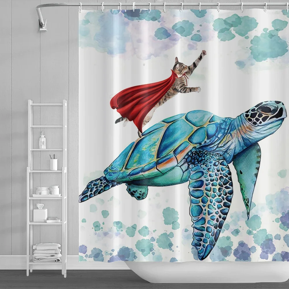 Fun Cartoon Sea Animal Shower Curtain, Sea Turtle Octopus Jellyfish Whale Crab Sea Life Landscape, Bathroom Shower Curtain Set