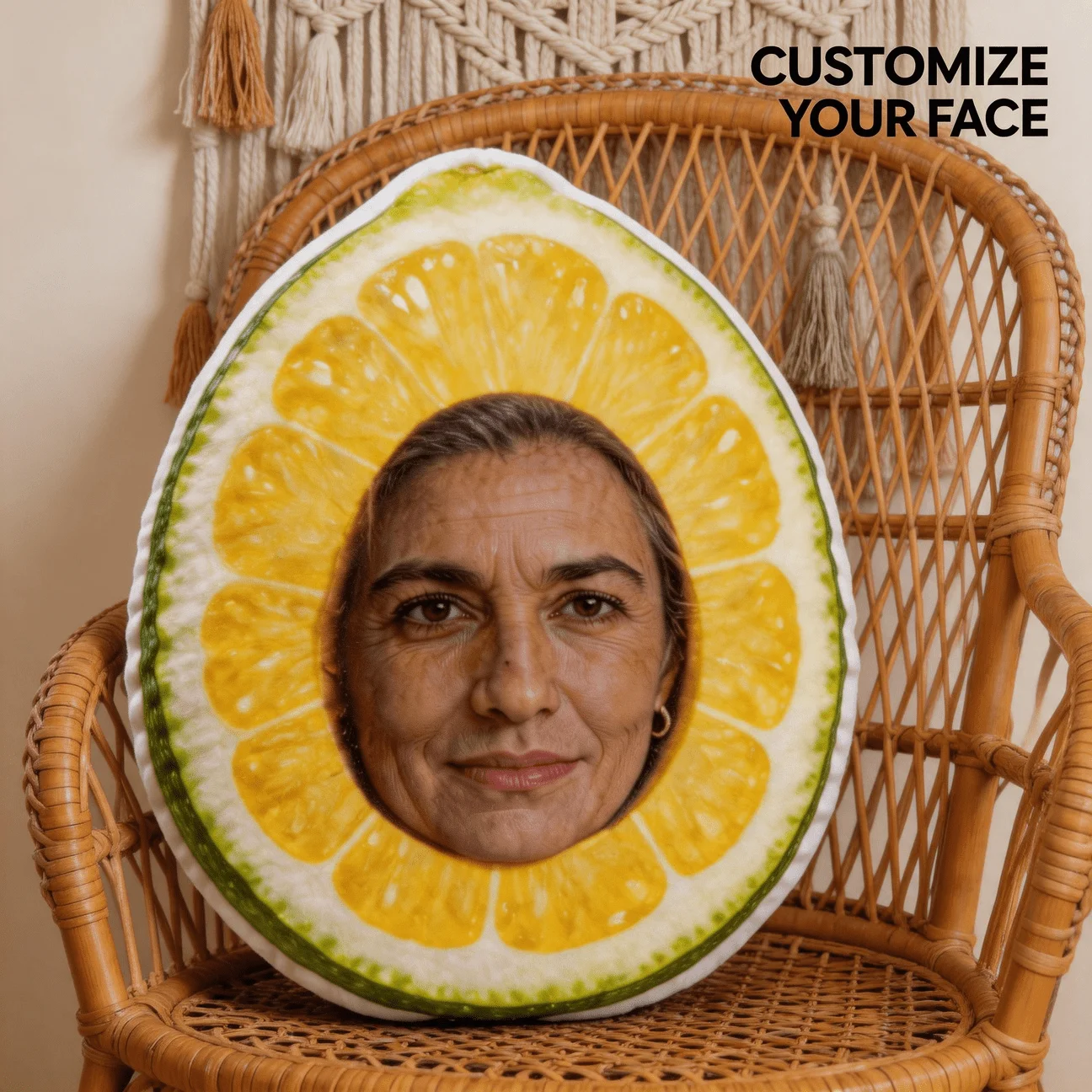 Custom Face Lemon Slice Shaped Pillow, Personalized Photo Decorative Cushion, 60CM Large Size Accent Pillow for Sofa & Bedroom,