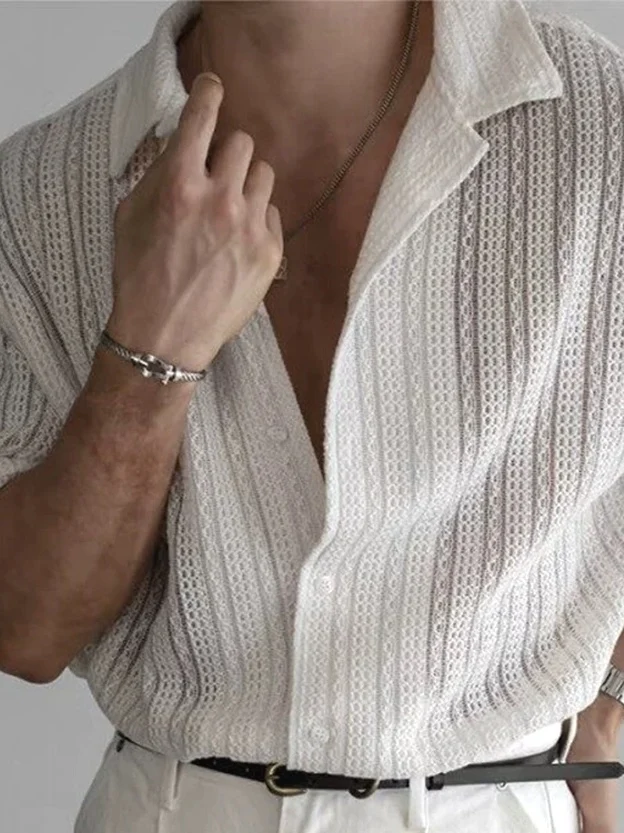 

American Hardman Style Hollow out Knitted Cardigan Men's Embroidered Weaving Slim Short Sleeve Sexy See through Texture Shirt...