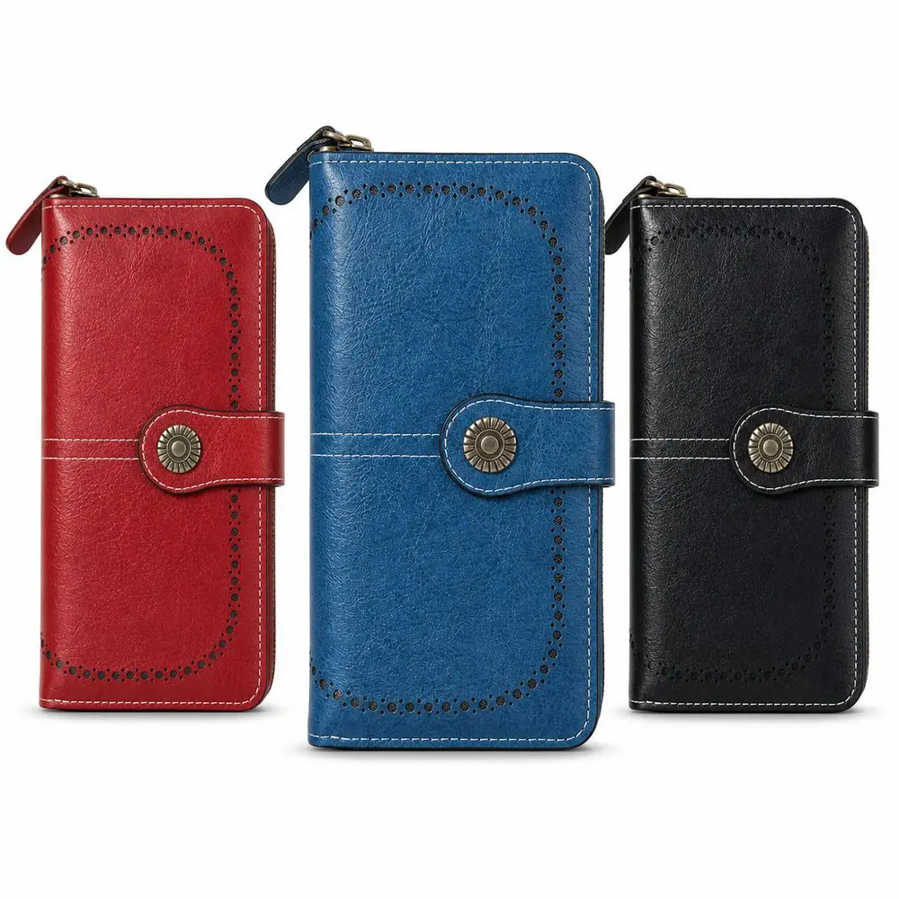 New PU Long Wallet Snap Closure RFID Blocking RFID Wallet Vintage Style Decorative Stitching Coin Wallet Card Organization