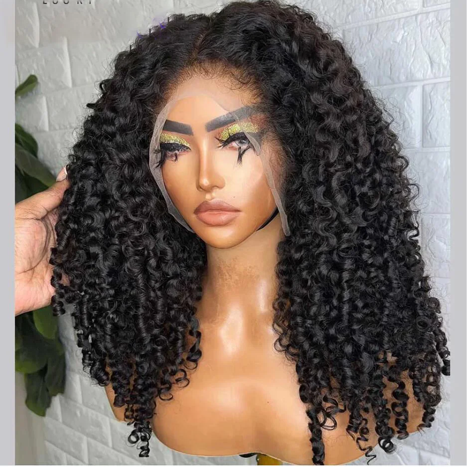 Soft Black Kinky Curly 180Density 26Inch Long Glueless Deep Lace Front Wig For Women With Baby Hair Preplucked Daily