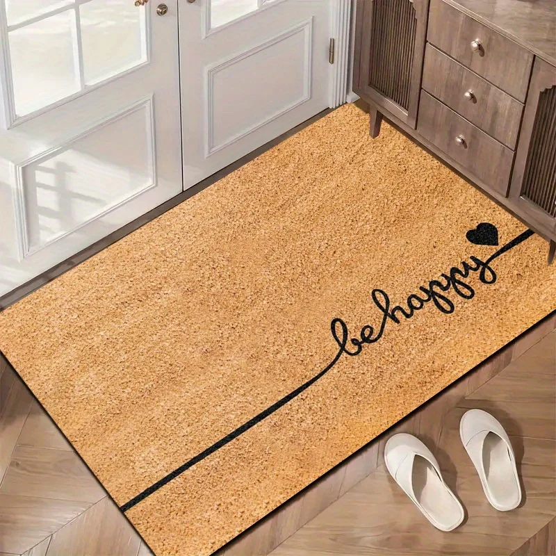 Be Happy Flannel Door Mat, Cute Heart Script Anti-Slip Absorbent Rug for Entryway & Bathroom, Machine Washable Home Decor