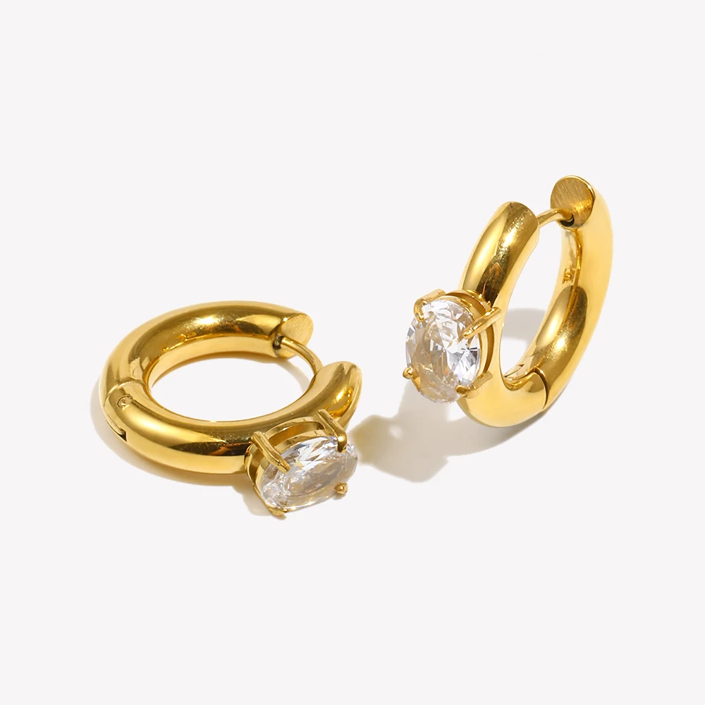 Classcial Thick Chunky Gold Plated Round Hoop Earrings For Woman Stainless Steel Waterproof Oval Zircon Crystal Earring