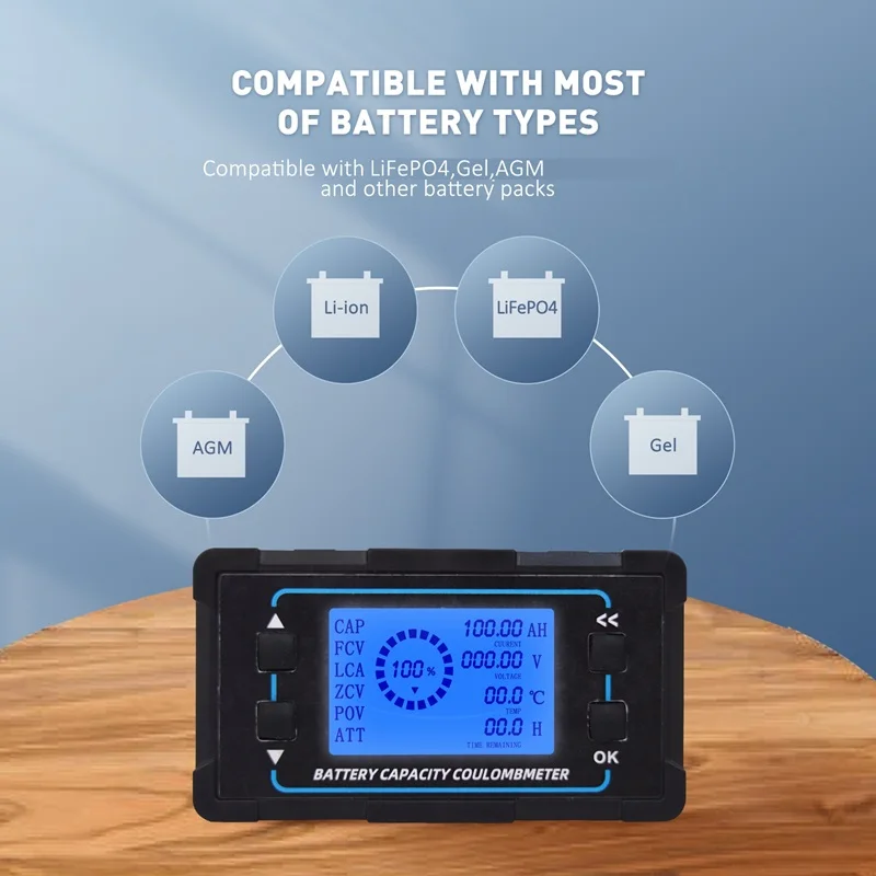 Battery Monitor Battery Capacity Tester 500A with shunt, programmable high and low voltage alarm, range 10V-120V  to 500A